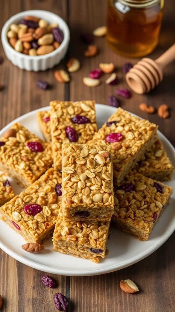 Easy Homemade Granola Snack Bars Homemade granola snack bars with nuts and dried fruits on a rustic wooden table.